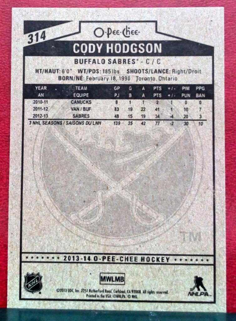 2013-14 O-Pee-Chee #314 Cody Hodgson (NHL) Buffalo Sabres 1