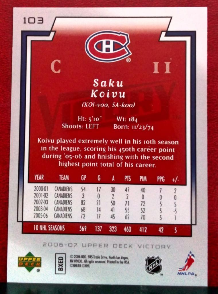 2006-07 Upper Deck Victory #103 Saku Koivu (NHL) Montreal Canadiens 1