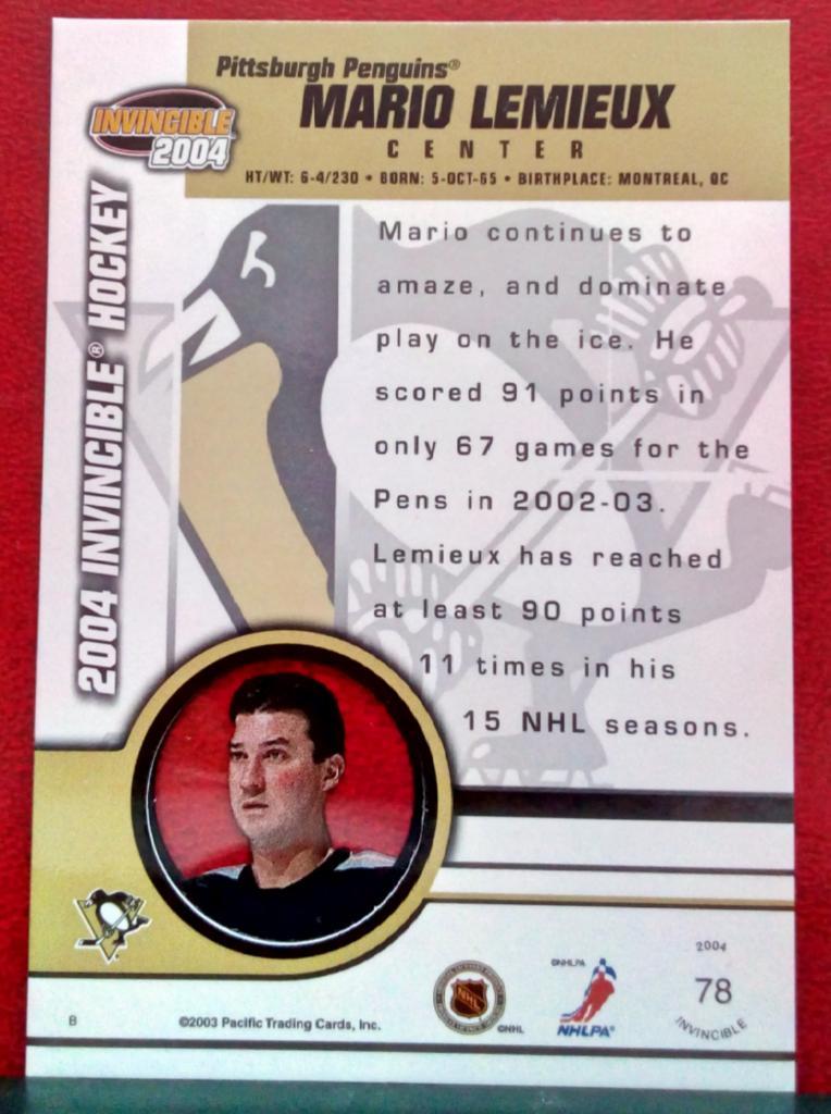 2003-04 Pacific Invincible #78 Mario Lemieux (NHL) Pittsburgh Penguins 1