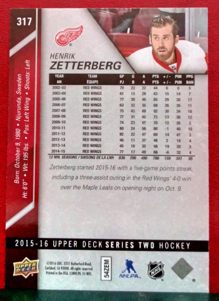 2015-16 Upper Deck #317 Henrik Zetterberg UER/Last name spelled (NHL) Detroit R 1