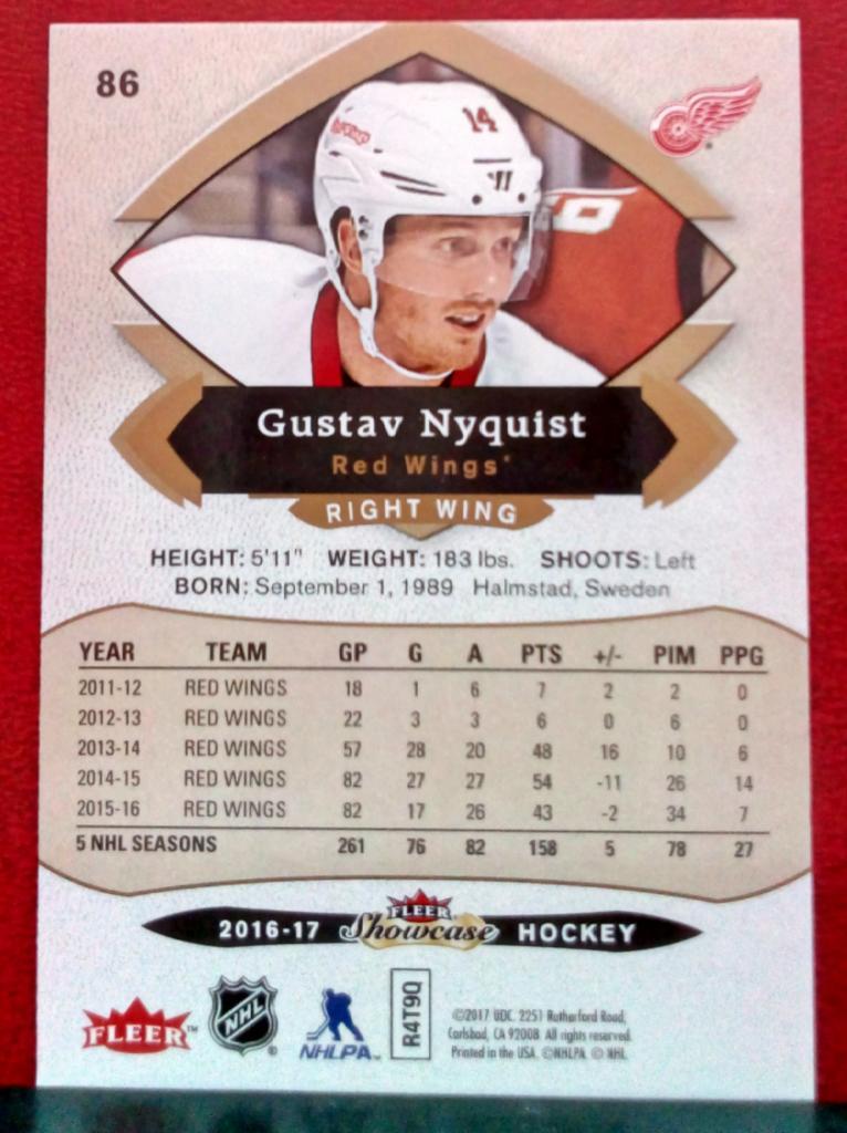 2016-17 Fleer Showcase #86 Gustav Nyquist (NHL) Detroit Red Wings 1