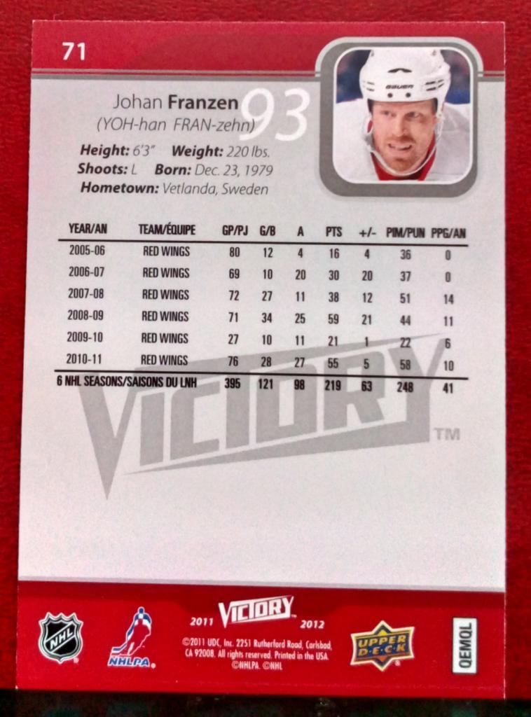 2011-12 Upper Deck Victory #71 Johan Franzen (NHL) Detroit Red Wings 1
