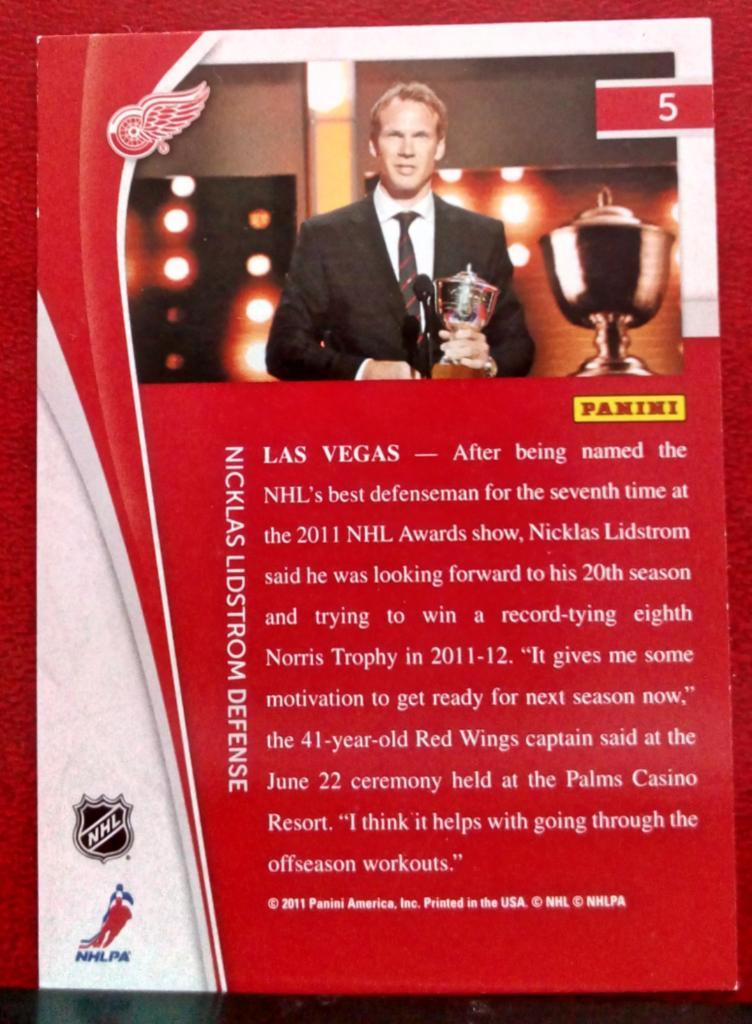 2011-12 Pinnacle #5 Nicklas Lidstrom (NHL) Detroit Red Wings 1
