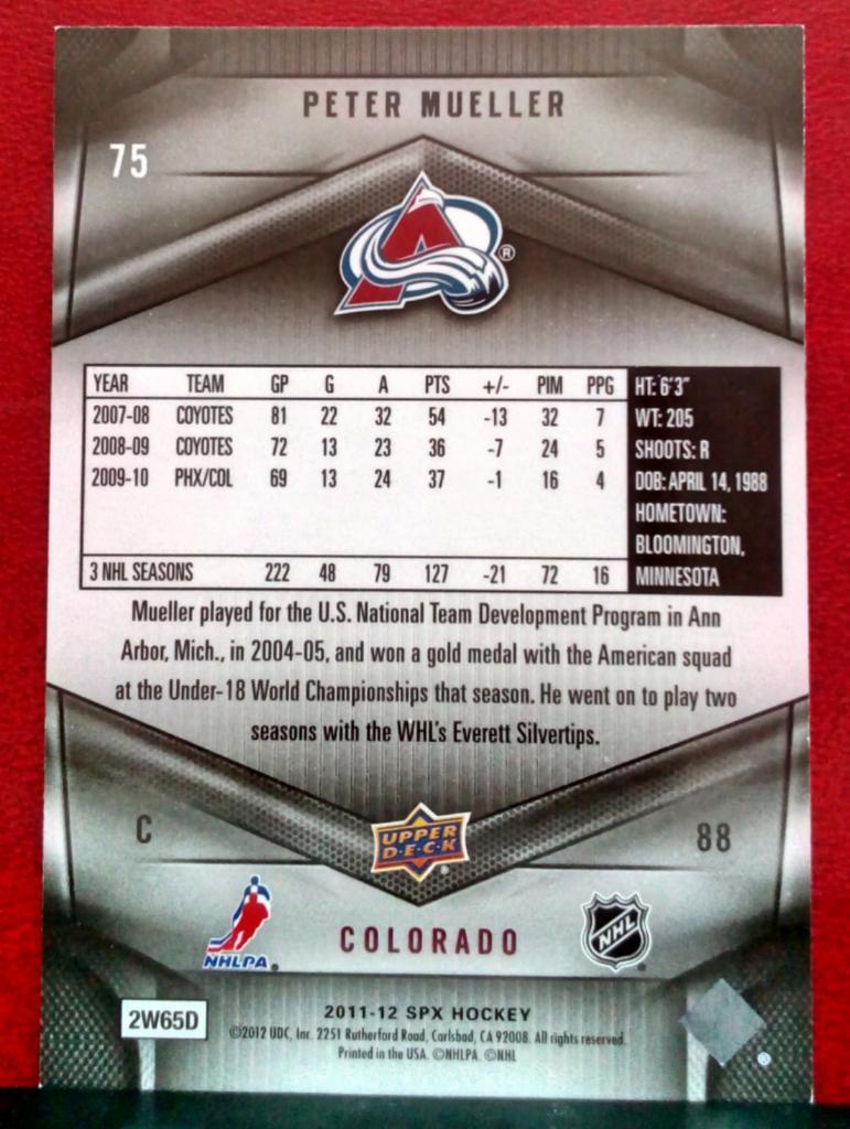 2011-12 SPx #75 Peter Mueller (NHL) Colorado Avalanche 1