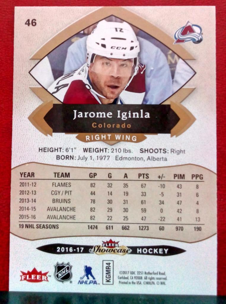 2016-17 Fleer Showcase #46 Jarome Iginla (NHL) Colorado Avalanche 1