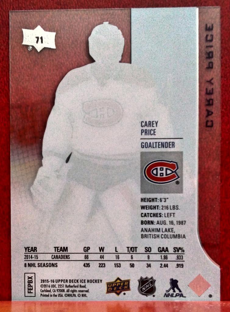 2015-16 Upper Deck Ice #71 Carey Price (NHL) Montreal Canadiens 1