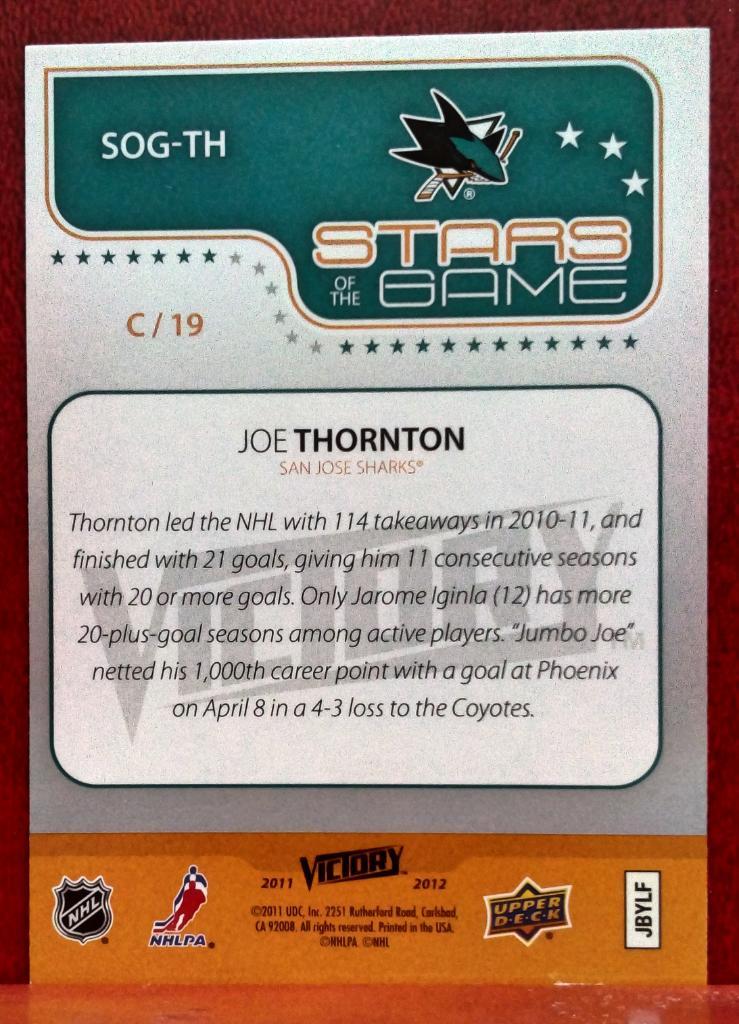 2011-12 Upper Deck Victory Stars of the Game #SOGTH Joe Thornton (NHL) San Jose 1