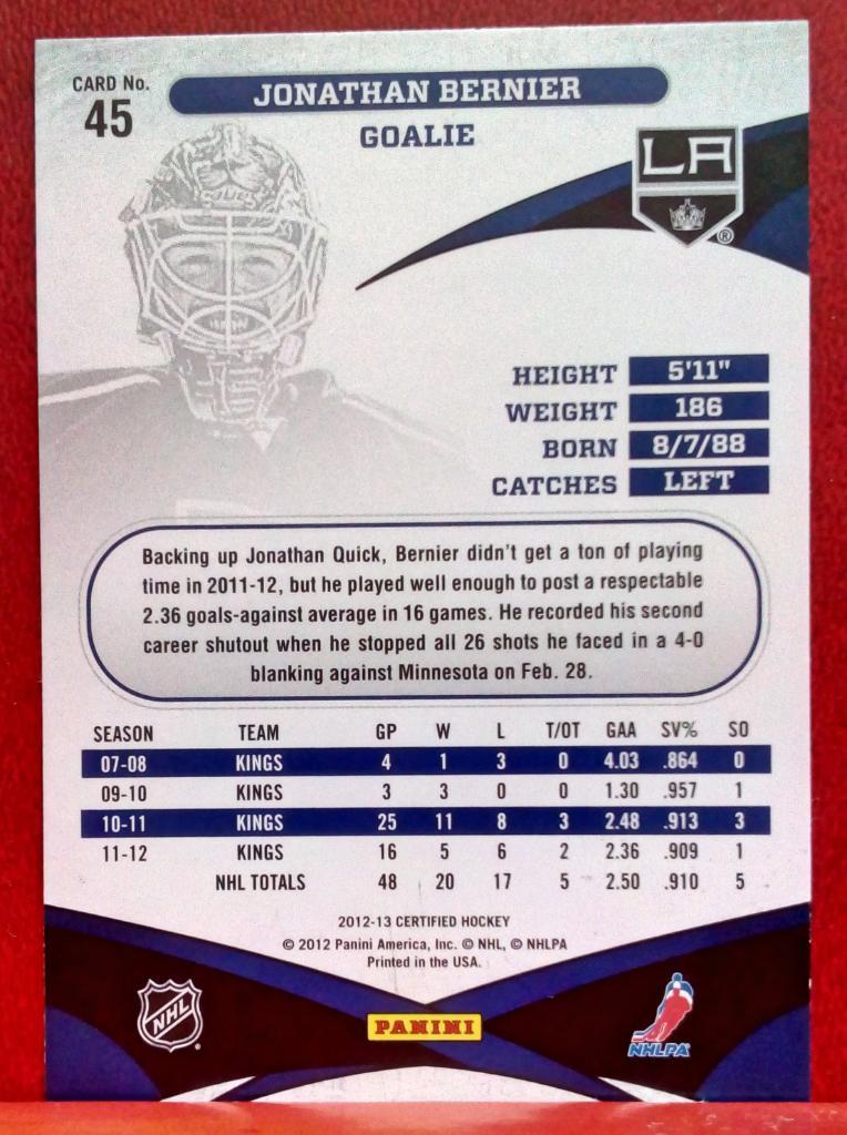 2012-13 Certified #45 Jonathan Bernier (NHL) Los Angeles Kings 1