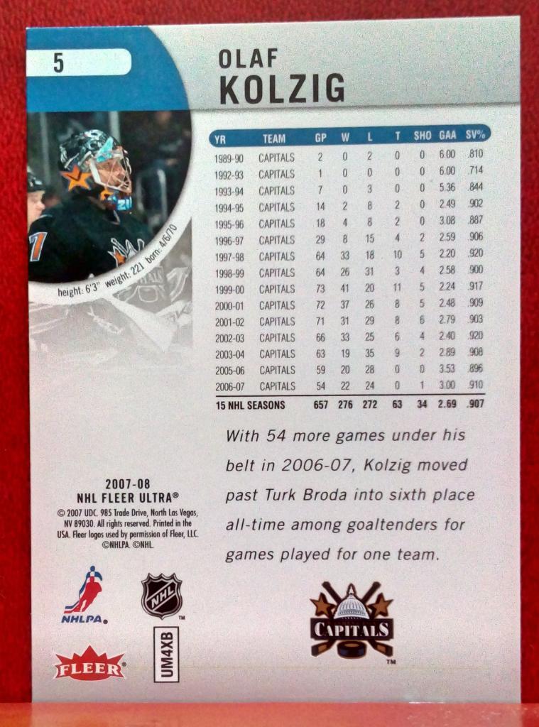 2007-08 Ultra #5 Olaf Kolzig (NHL) Washington Capitals 1