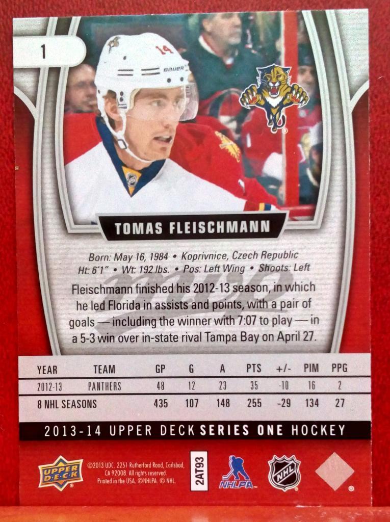2013-14 Upper Deck MVP #1 Tomas Fleischmann (NHL) Florida Panthers 1