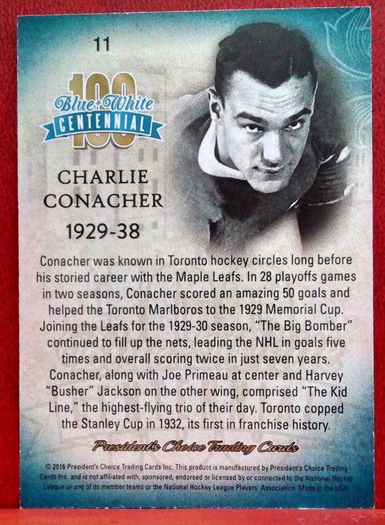 2016-17 Blue and White Centennial #11 Charlie Conacher 99/100 (NHL) Toronto Map 1