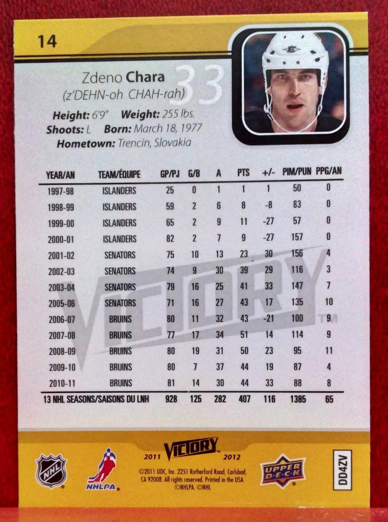 2011-12 Upper Deck Victory #14 Zdeno Chara (NHL) Boston Bruins 1