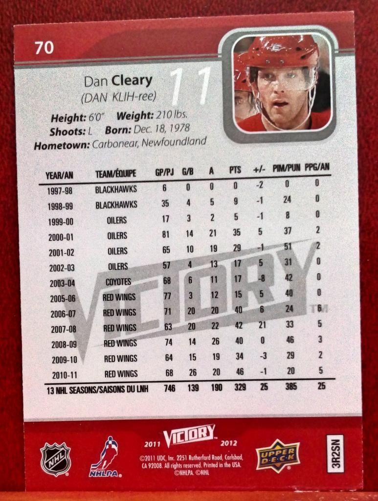 2011-12 Upper Deck Victory #70 Dan Cleary (NHL) Detroit Red Wings 1