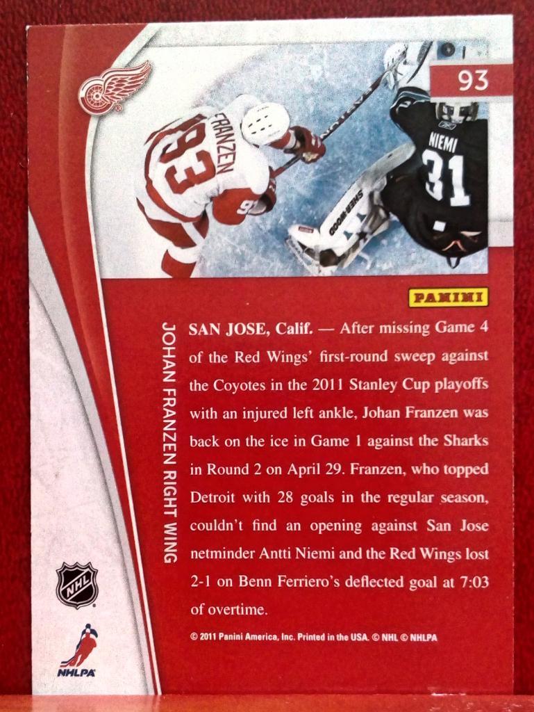 2011-12 Pinnacle #93 Johan Franzen (NHL) Detroit Red Wings 1