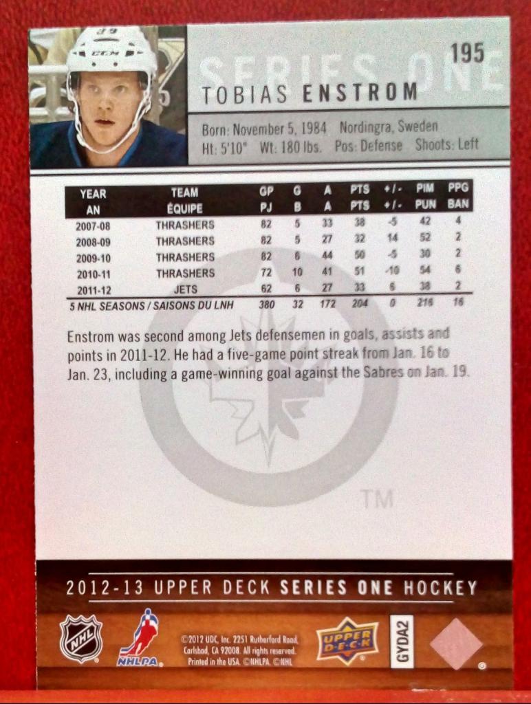 2012-13 Upper Deck #195 Tobias Enstrom (NHL) Winnipeg Jets 1