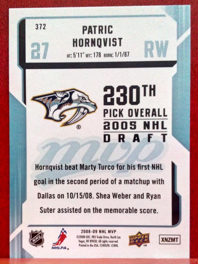 2008-09 Upper Deck MVP #372 Patric Hornqvist RC (NHL) Nashville Predators 1