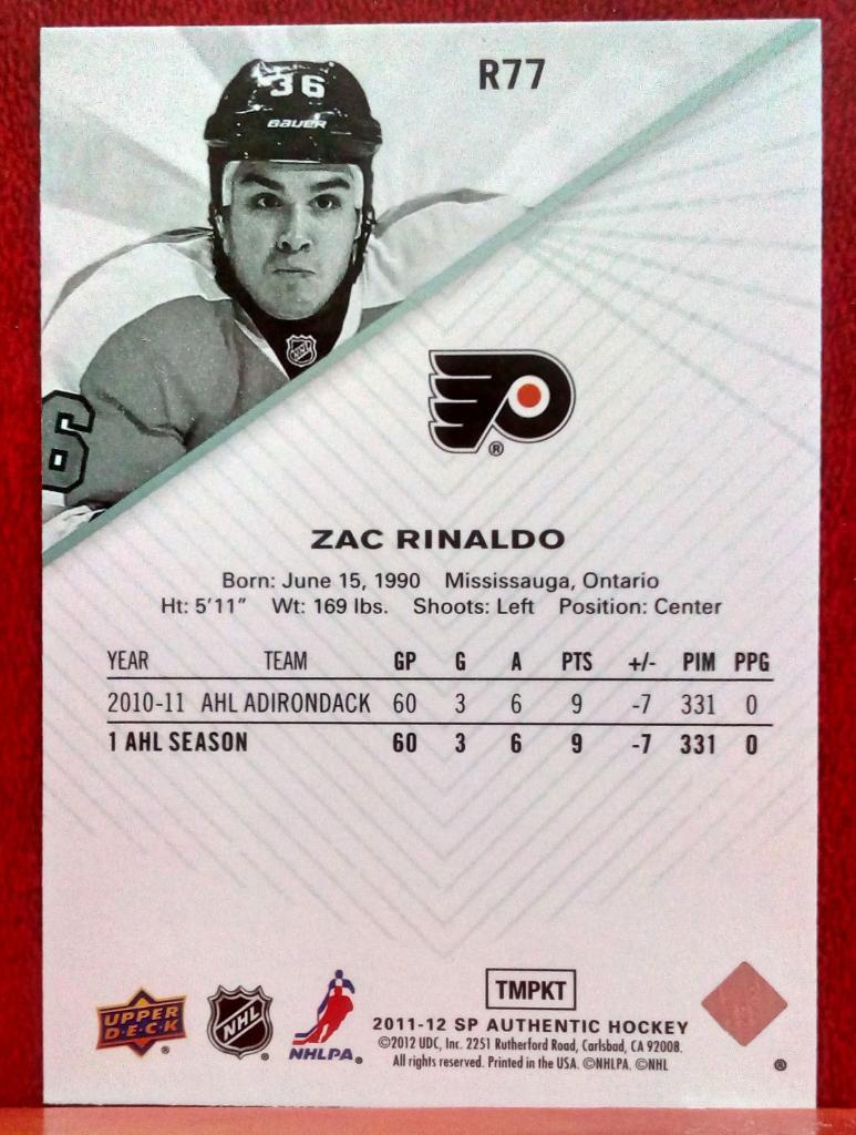 2011-12 SP Authentic Rookie Extended #R77 Zac Rinaldo (NHL) Philadelphia Flyers 1