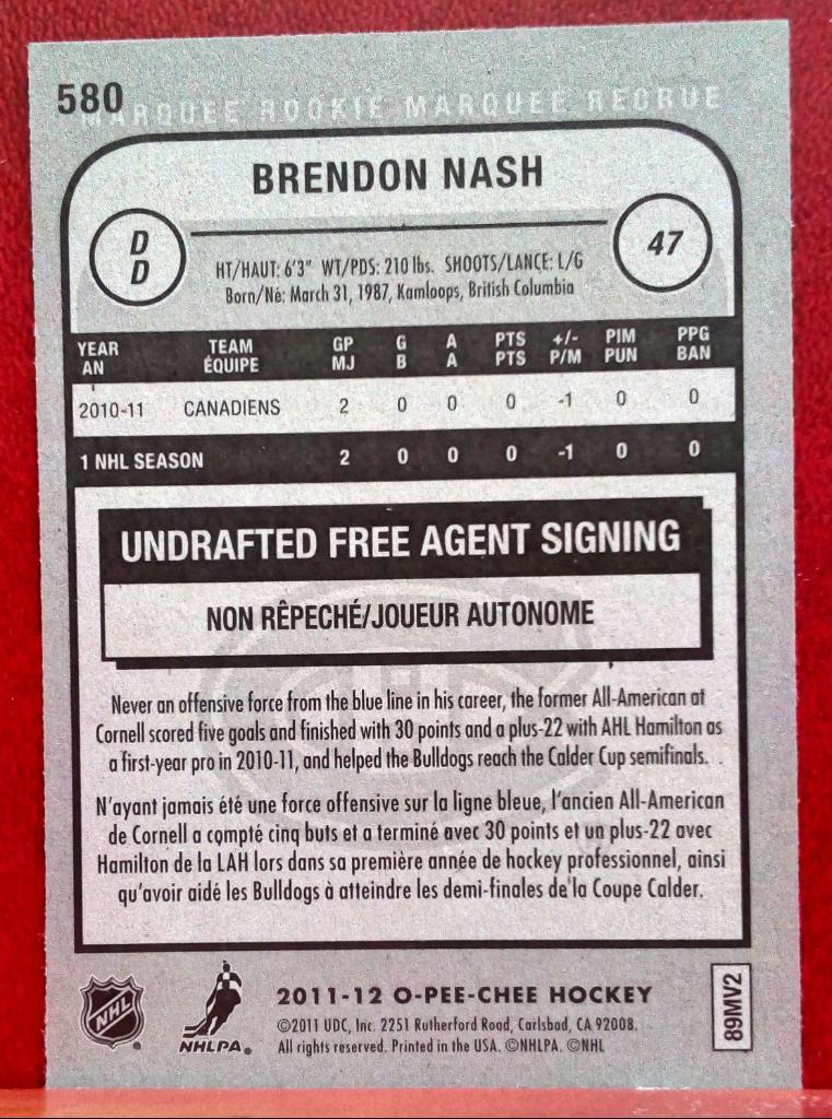 2011-12 O-Pee-Chee #580 Brendon Nash RC (NHL) Montreal Canadiens 1