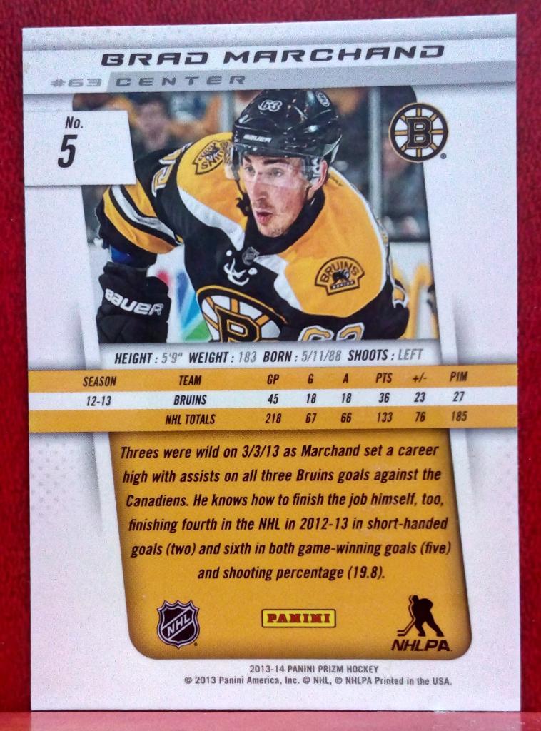 2013-14 Panini Prizm #5 Brad Marchand (NHL) Boston Bruins 1