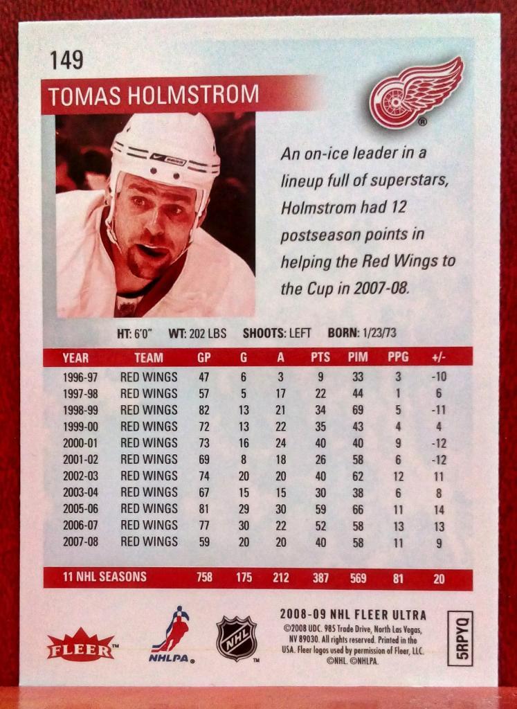 2008-09 Ultra #149 Tomas Holmstrom (NHL) Detroit Red Wings 1