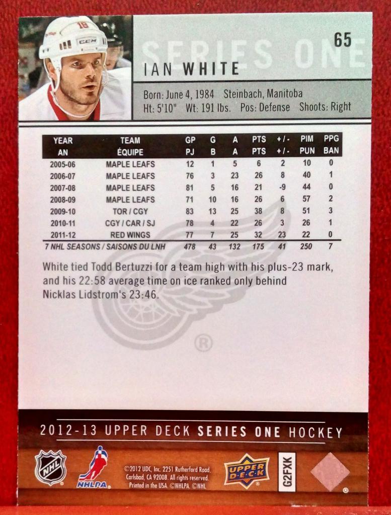 2012-13 Upper Deck #65 Ian White (NHL) Detroit Red Wings 1