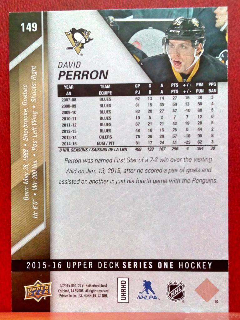 2015-16 Upper Deck #149 David Perron (NHL) Pittsburgh Penguins 1
