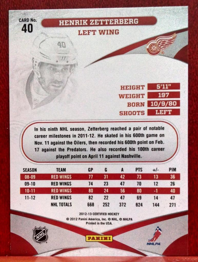 2012-13 Certified #40 Henrik Zetterberg (NHL) Detroit Red Wings 1