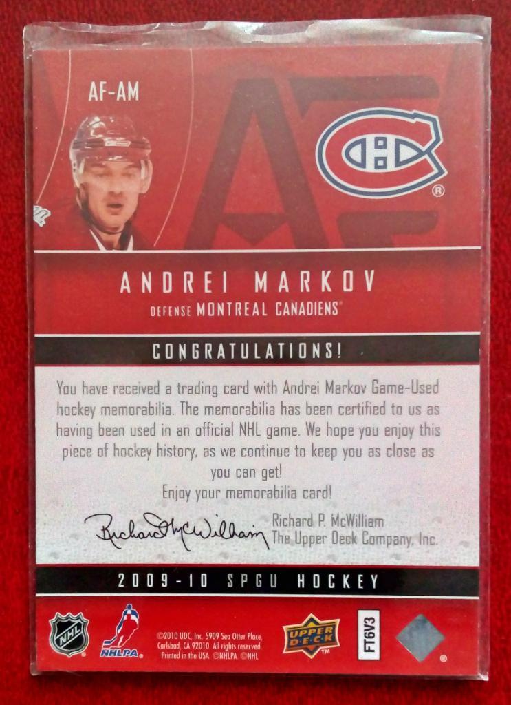 2009-10 SP Game Used Authentic Fabrics #AFAM Andrei Markov (NHL) Montreal Canadi 1