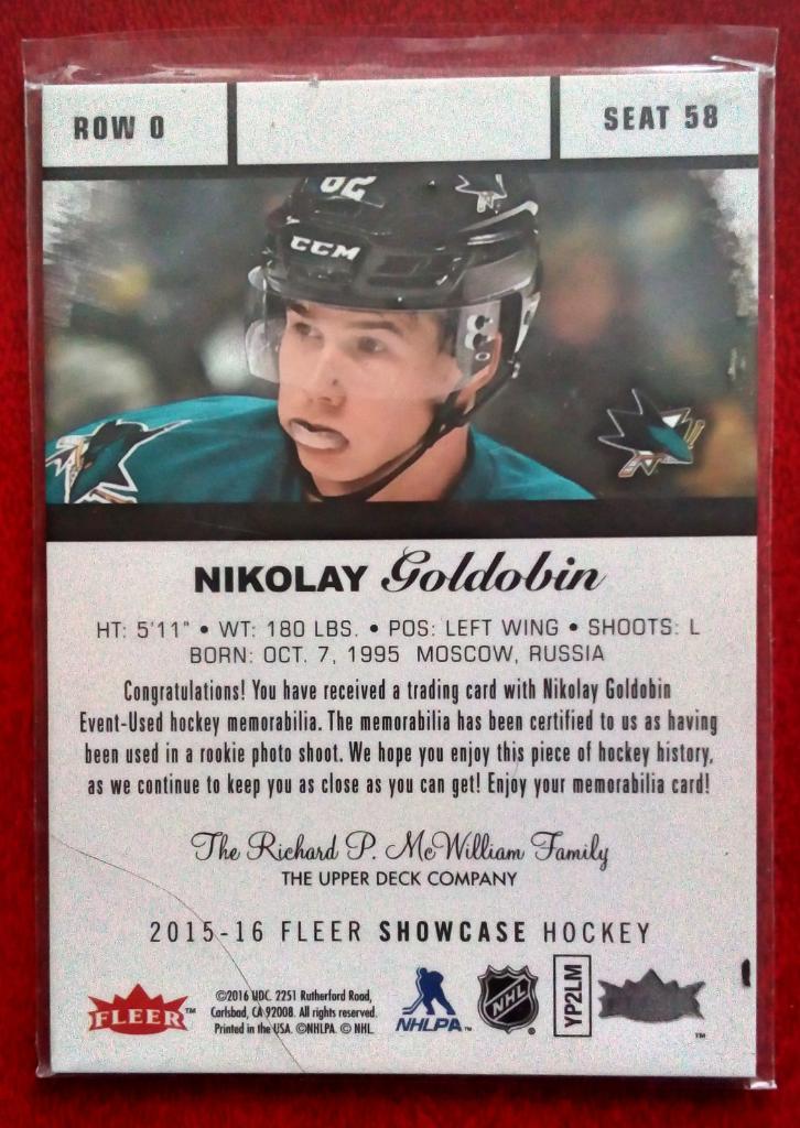 2015-16 Fleer Showcase Flair Materials #58 Nikolay Goldobin (NHL) San Jose Shark 1