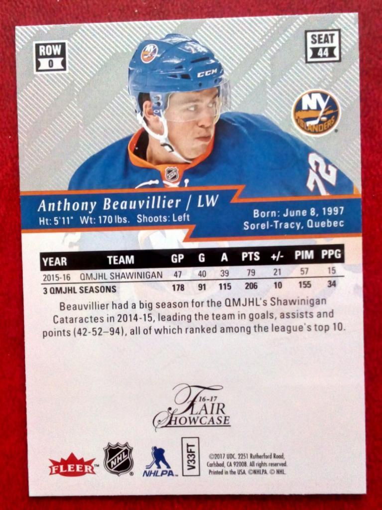 2016-17 Fleer Showcase Flair #44 Anthony Beauvillier R0 (NHL) 1