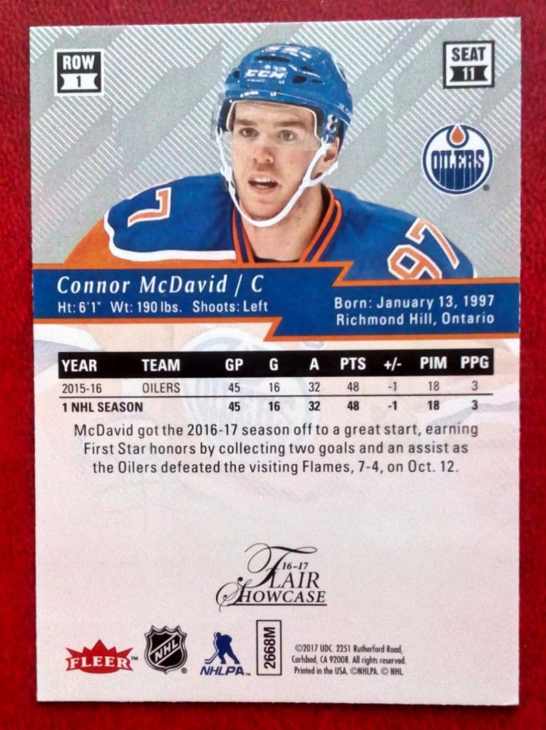 2016-17 Fleer Showcase Flair #11 Connor McDavid R1 (NHL) Edmonton Oilers 1