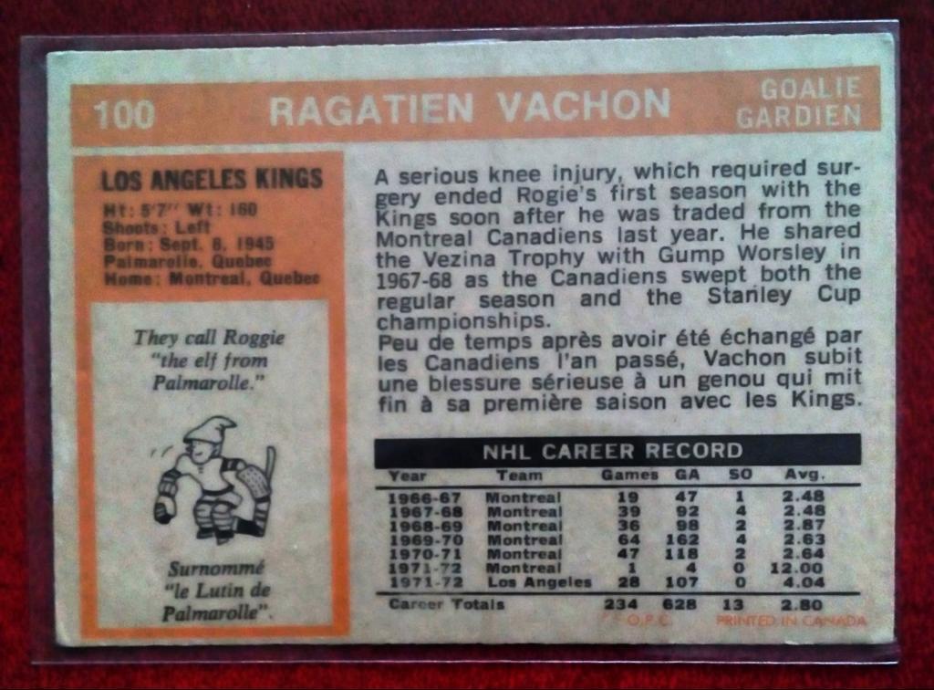 1972-73 O-Pee-Chee #100 Rogatien Vachon UER (NHL) Los Angeles Kings 1