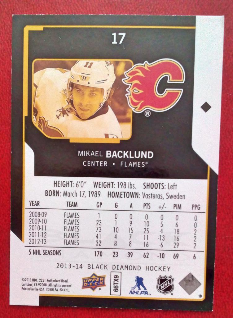 2013-14 Black Diamond #17 Mikael Backlund (NHL) Calgary Flames 1