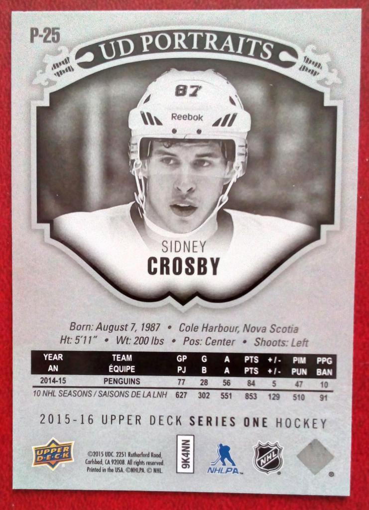 2015-16 Upper Deck UD Portraits #P25 Sidney Crosby (NHL) Pittsburgh Penguins 1