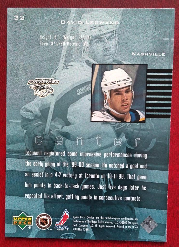 1999-00 Upper Deck Ovation #32 David Legwand (NHL) Nashville Predators 1