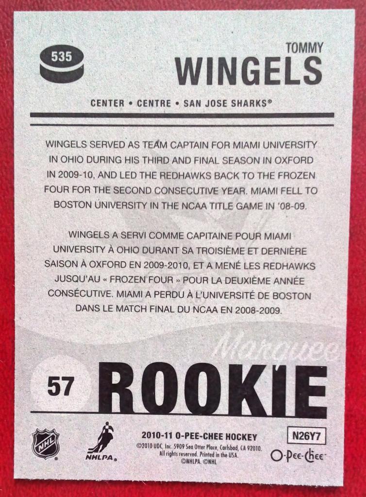 2010-11 O-Pee-Chee #535 Tommy Wingels RC (NHL) San Jose Sharks 1