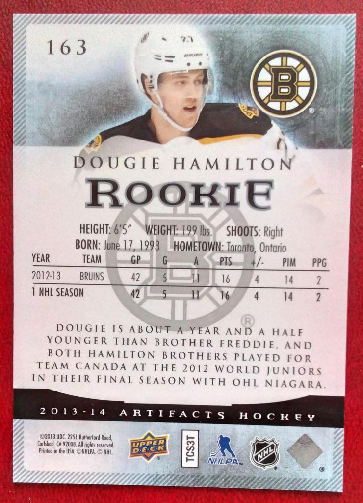 2013-14 Artifacts #163 Dougie Hamilton RC 650/999 (NHL) Boston Bruins 1
