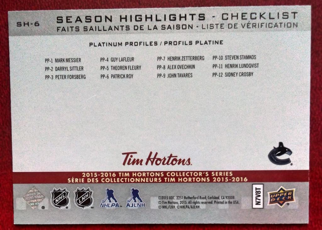 2015-16 Upper Deck Tim Hortons Season Highlights #SH6 Bo Horvat (NHL) Vancouver 1