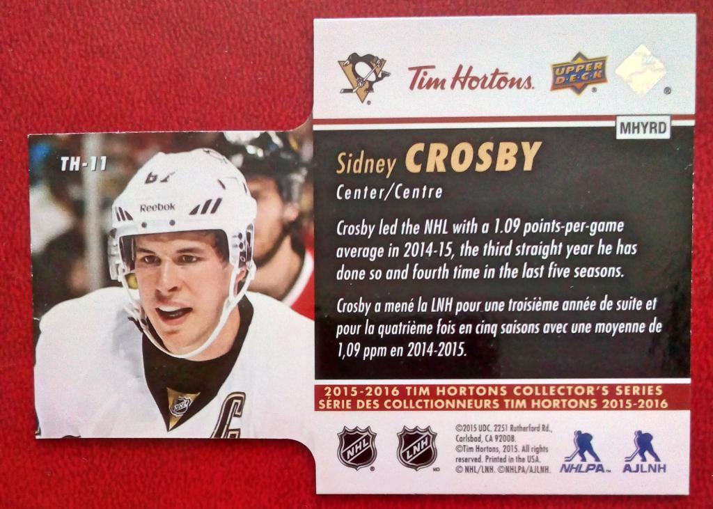2015-16 Upper Deck Tim Hortons Die Cuts #TH11 Sidney Crosby (NHL) Pittsburgh Pen 1