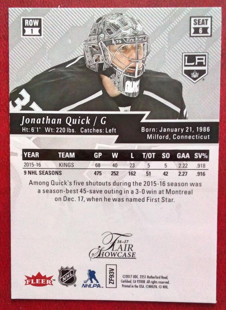2016-17 Fleer Showcase Flair #6 Jonathan Quick R1 (NHL) 1