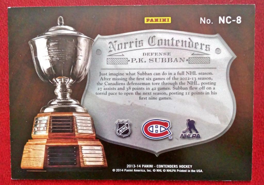 2013-14 Panini Contenders Norris Contenders #NC8 P.K. Subban 051/499 (NHL) Montr 1