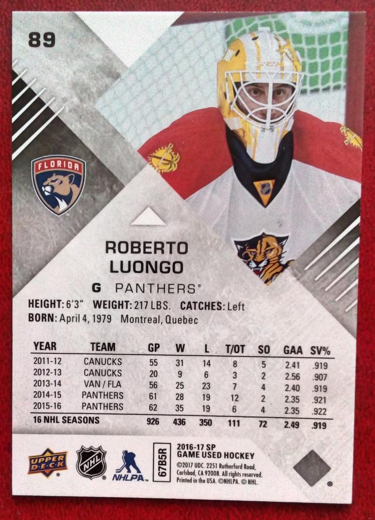 2016-17 SP Game Used Orange Rainbow Draft Year #89 Roberto Luongo 135/197 (NHL) 1