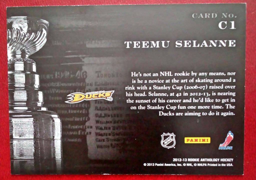 2012-13 Panini Contenders Cup Contenders #1 Teemu Selanne 864/999 (NHL) Anaheim 1