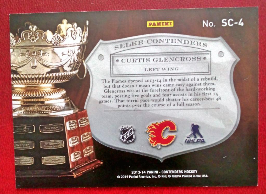 2013-14 Panini Contenders Selke Contenders #SC4 Curtis Glencross 301/499 (NHL) C 1