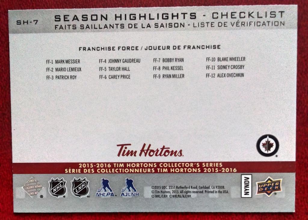2015-16 Upper Deck Tim Hortons Season Highlights #SH7 Ondrej Pavelec (NHL) Winni 1
