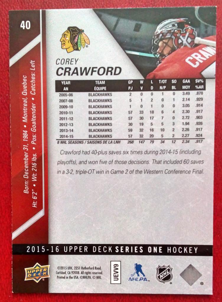 2015-16 Upper Deck #40 Corey Crawford (NHL) Chicago Blackhawks 1