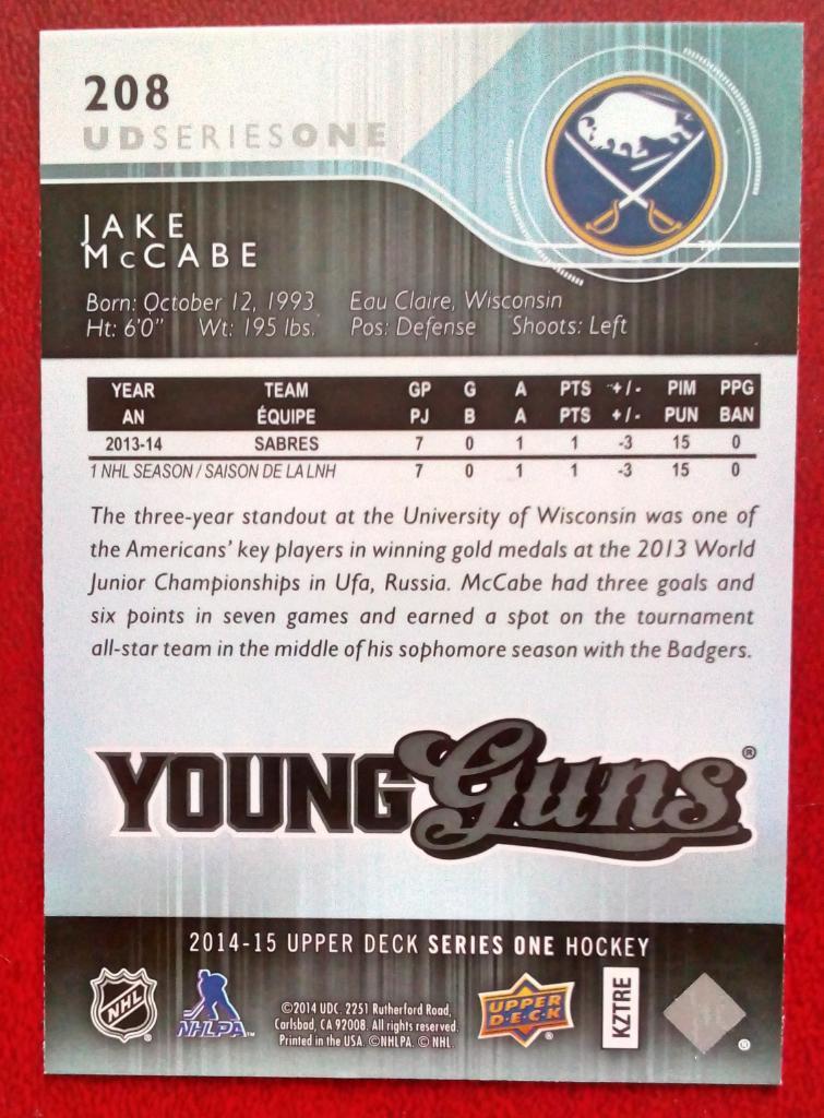 2014-15 Upper Deck #208 Jake McCabe YG RC (NHL) Buffalo Sabres 1