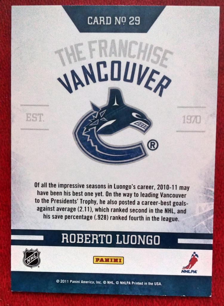 2011-12 Score Franchise #29 Roberto Luongo (NHL) Vancouver Canucks 1