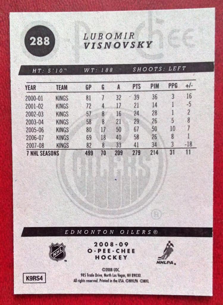 2008-09 O-Pee-Chee #288 Lubomir Visnovsky (NHL) Edmonton Oilers 1