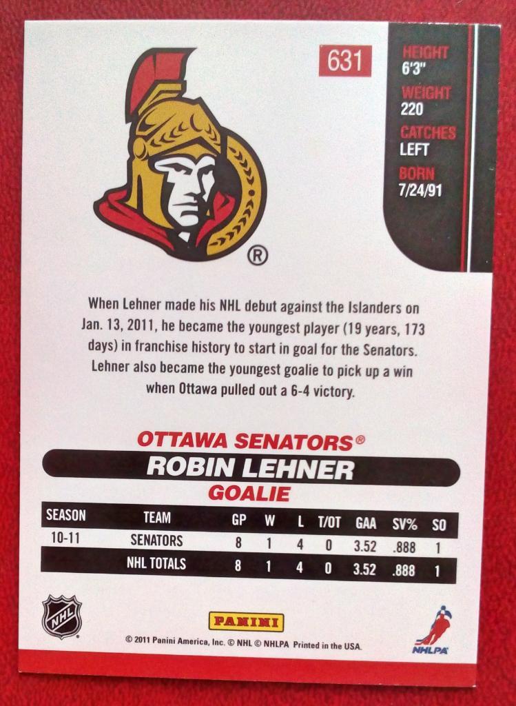 2010-11 Score #631 Robin Lehner RC (NHL) Ottawa Senators 1